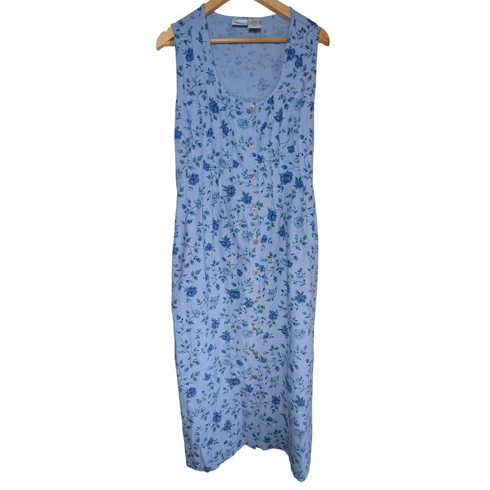 CAPACITY Vintage 90s Blue Floral Cotton Sleeveless Button Front Midi Dress M - Picture 6 of 8